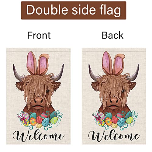 Louise Maelys Happy Easter Garden Flag 12x18 Double Sided Burlap, Small Vertical Highland Cow Welcome Yard for Spring Outdoor Outside Decoration