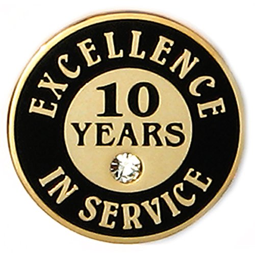 PinMart Gold Color Plated Excellence in Service Year Award Lapel Pin – Metal Enamel Workplace Reward Pin w/Rhinestone – 1-60 Years Pins for Long Standing Employees - color: 10 Years Gold Plated, size: 1 Piece