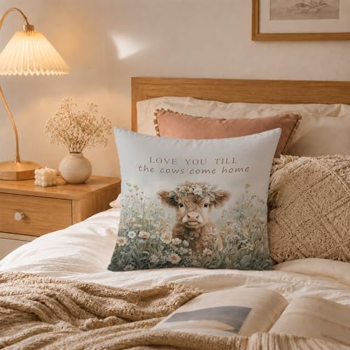 Rustic Floral Highland Cow Pillow Cover 18x18 - color: Highland Cow-1