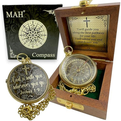 Handmade Religious Brass Compass Gift with Engraved & Embossed Faith Messages – Inspirational Christian Religious Gift Keepsake for Baptism, Confirmation, Christening, First Communion or Christmas - style: God is with You – Edition 2