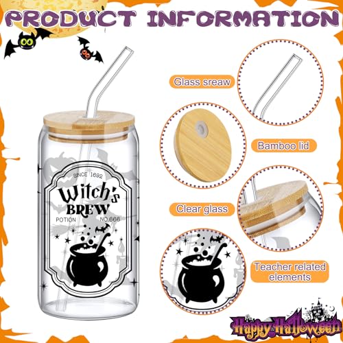SiliFine 6 Pcs Halloween Glass Cups, 16 oz with Lids and Straws - style: Witch