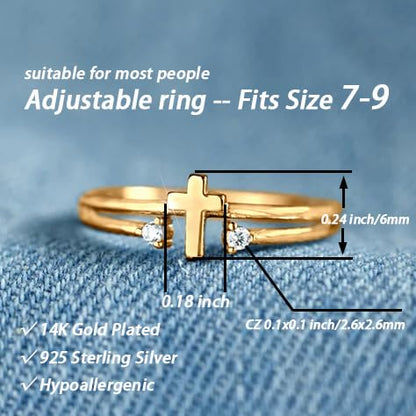 925 Sterling Silver Adjustable Cross Ring for Women - color: Gold