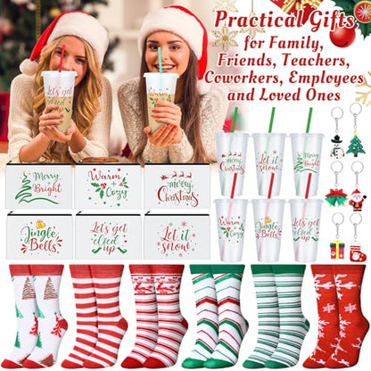 Funnymoom 24 Pcs Christmas Gifts Set Include 24 oz Merry Christmas Plastic Tumbler Cup with Lids and Straw Makeup Cosmetic Bag Crew Sock Keychain for Xmas Party Favors Winter Friendmas Gifts - style: Merry Christmas