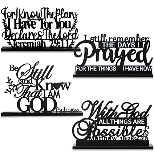 Blulu 4 Pack Inspirational Table Decorations Wooden Christian Faith Bible Verse Centerpieces Black Motivational Prayer Room Blessed Signs for Home Office Living Room Kitchen Farmhouse Art Decor