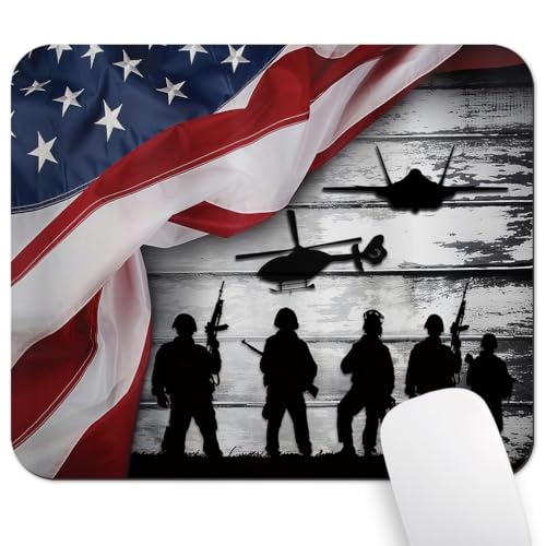 Patriotic Military Silhouettes Mouse Pad, US Waving Pride Flag Desk Mat - color: Custom Designs Art 031