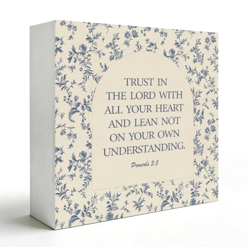 Blue Floral Christian Scripture Wooden Box Sign Decor 5x5 - color: Wooden Box Sign K