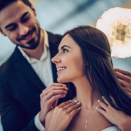 AmorAime 925 Sterling Silver Cross Necklace for Women Men 14K Gold Plated 5A CZ Birthstone Necklaces for Holiday - color: M-Rose Gold