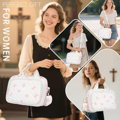 Bible Cover Case for Women Bible Study Supplies Church Camp Essentials Christian Gifts for Women Journaling Kit Quilted Large Bible Book Sleeve (Pink Bow, Large) - color: Pink Bow
