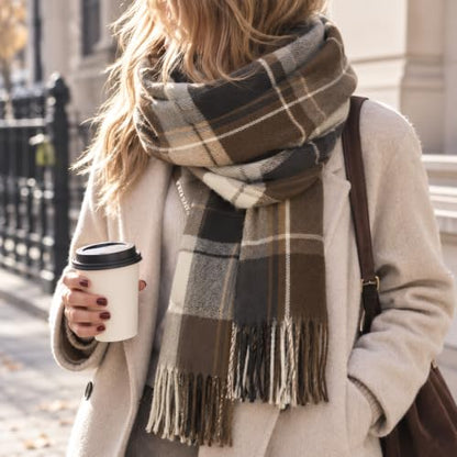 Fall Winter Plaid Scarf for Women Soft Tassel Scarves Oversized Shawl Wraps - color: Coffee-plaid