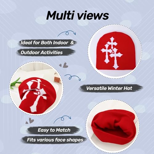 Fashion Knit Beanie with Cross Pattern Y2K Unisex Soft Jacquard Cap Popular Hip-Hop Cool Street Outdoor Sports Earflap Hat - color: Red