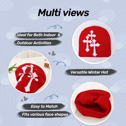 Fashion Knit Beanie with Cross Pattern Y2K Unisex Soft Jacquard Cap Popular Hip-Hop Cool Street Outdoor Sports Earflap Hat - color: Red
