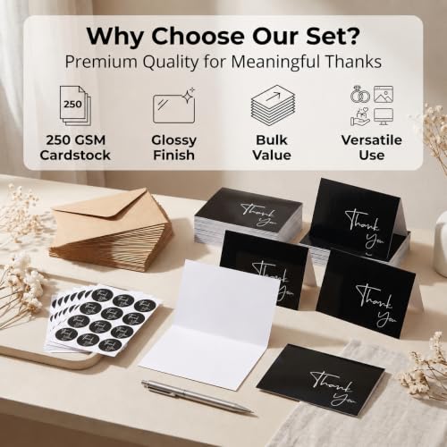 100 Pack Thank You Cards with Envelopes & Stickers - Thank You Notes - color: Black