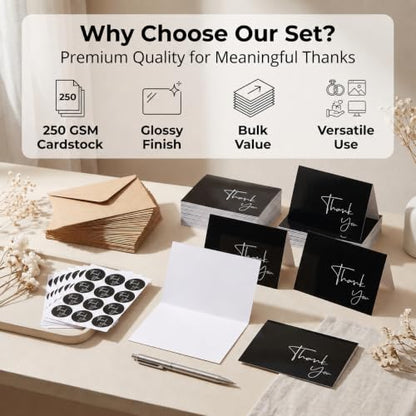100 Pack Thank You Cards with Envelopes & Stickers - Thank You Notes - color: Black