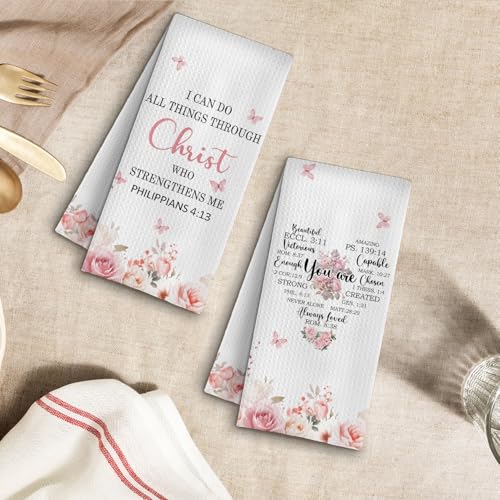Christian Kitchen Towels Set of 2, Inspirational Christian Gifts for Women Dish Tea Towels for Kitchen Decor, Religious Bible Verse Floral Hand Towels for Bathroom Decor, 16x24 Inches