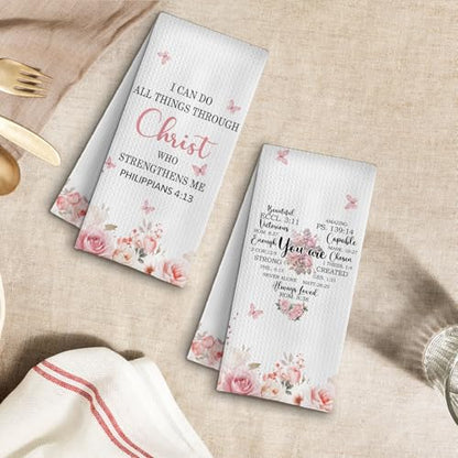 Christian Kitchen Towels Set of 2, Inspirational Christian Gifts for Women Dish Tea Towels for Kitchen Decor, Religious Bible Verse Floral Hand Towels for Bathroom Decor, 16x24 Inches