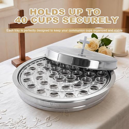 Communion Tray Set for Churches, 2 Wine Trays with Lids & Bread Tray - color: Silver