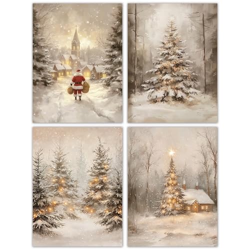 DOFQZ Winter Christmas Wall Art Prints Set of 4, Christmas Home Room Decor, Vintage Winter Xmas Pine Tree Forest Santa Cabin Posters for Home Bedroom Living Room Decor, 12x16 Unframed - color: 06Child, size: 12*16