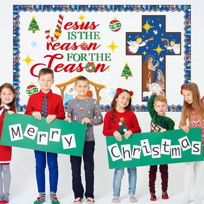 Christian Bulletin Board Decorations Jesus is The Reason for The Season Classroom Cutouts Christmas Nativity Religious Paper Decors for Xmas Holiday Sunday Church Chalkboard Wall Decor Supplies - style: Jesus is The Reason