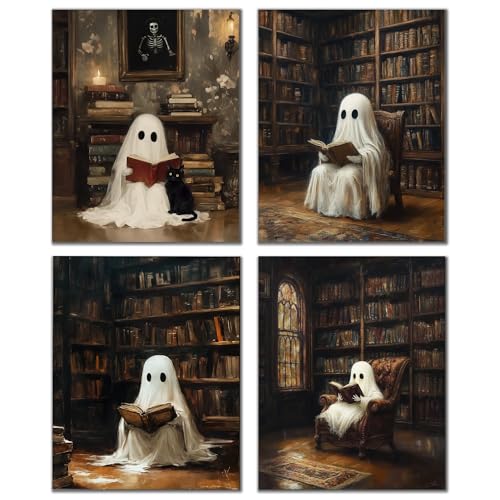 DOFQZ Halloween Ghost Reading Book Wall Art Prints Set of 4, Halloween Room Decor, Vintage Dark Academia Spooky Ghost Black Cat Posters for Bedroom Living Room Decor, 8x10 Unframed - color: 02Child, size: 8*10