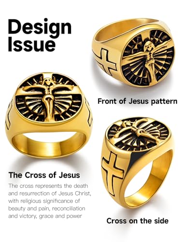 Christian Cross Rings for Men - Stainless Steel Jesus Jewelry with Celtic Knot Sides (Gold/Black/Silver) - Catholic Religious Gift, Size 7-13 - color: L: Gold-Cross