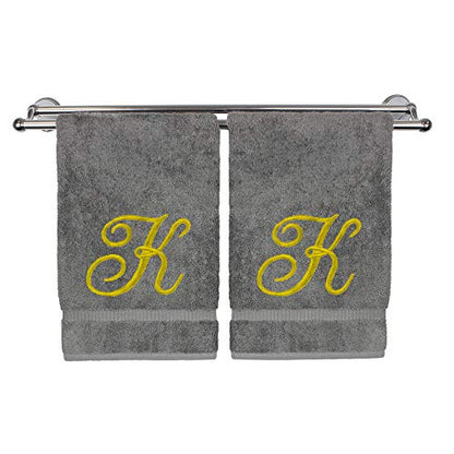 Monogrammed Hand Towel, Personalized Gift, 16 x 30 Inches - Set of 2 - Gold Embroidered Towel - Extra Absorbent 100% Turkish Cotton - Soft Terry Finish - for Bathroom, Kitchen and Spa - Script K Gray - color: Gold on Gray, style: Initial K