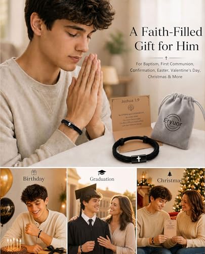 Eryuor Be Strong & Courageous Cross Bracelet Christian Gifts for Boys Men