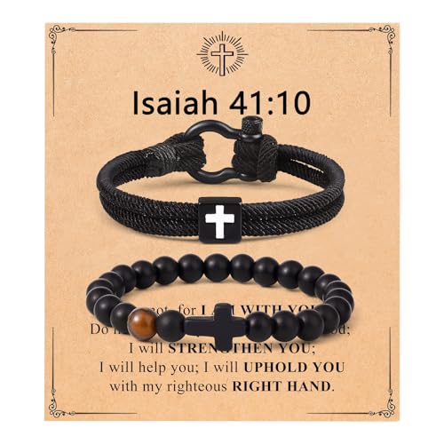 Giovanchi Christian Cross Bracelet for Men Him Dad Father Godfather Grandfather Grandpa Husband, Inspirational Faith Based Jesus Bracelets Gifts for Easter Basket Stuffers - style: Isaiah 41:10