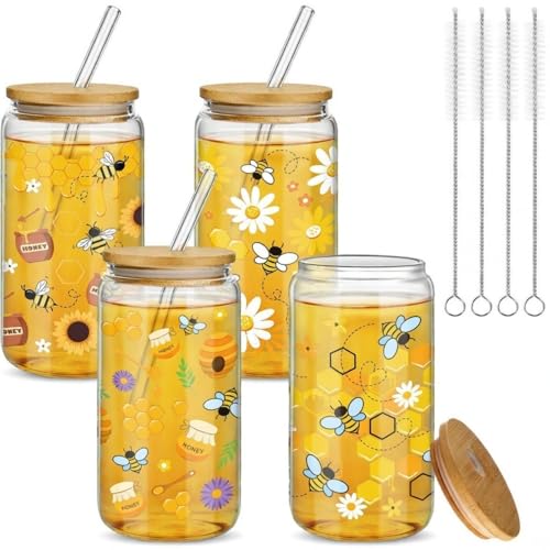 Mumufy 4 Pack Honey Bee Floral Glass Cup, 16 oz Tumbler Mug with Bamboo Lid - style: Honey Bee Floral