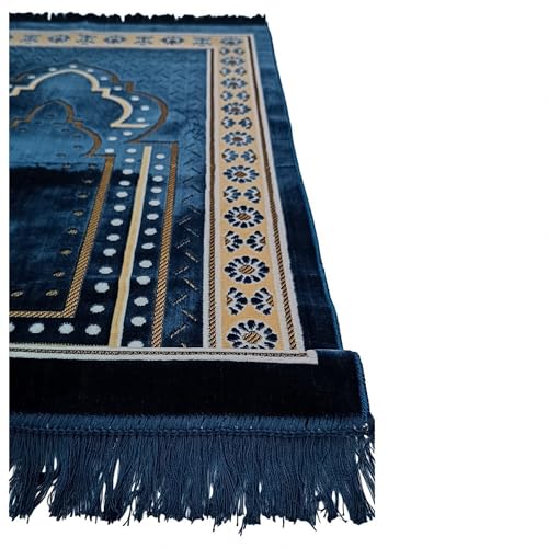 Turkish Muslim Prayer Rug, Mat with Beads for Men Women, Ramadan Hajj Gift (Blue) - color: Blue