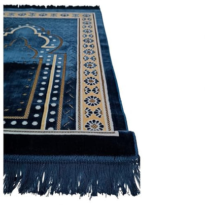 Turkish Muslim Prayer Rug, Mat with Beads for Men Women, Ramadan Hajj Gift (Blue) - color: Blue