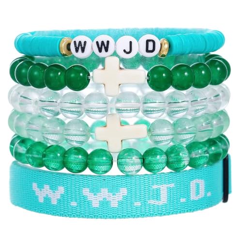 WWJD Bracelets Set WWJD Wristbands Christian Cross Bracelet Stackable Clay Bead Bracelets Stretch Glass Beaded Inspirational Christian Jewelry Gift for Couples Women Men - color: 6Pcs Green
