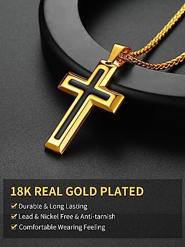 ChainsHouse Cross Necklace for Men, Black/18K Gold Plated/Stainless Steel Christian Jewelry Cross Pendant Necklace for Men, with Gift Box - color: b: Dripping Oil Cross-Gold