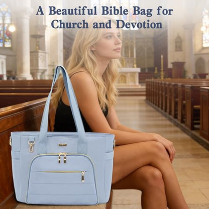 Large Bible Bag for Women, 2-in-1 Bible Tote with Detachable Embroidered Bible Cover & Study Supplies, Church Bible Study Bag, Gift-Ready Christian Gift for Women (Blue) - color: Blue