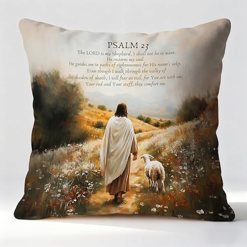 Jesus and Lamb Christian Pillow Covers 18x18, Christian Room Decor, Psalm 23 the Lord is My Shepherd Bible Verse Decorative Throw Pillow Covers for Home Church Prayer Room