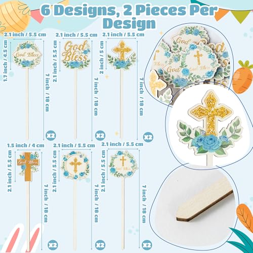 TICIAGA Floral God Bless Decorative Picks - 12PCS Religious Flower First Communion Cross Wooden Pick for Home Vase Filler Rose Greenery God Baptism Party Decor Christening Celebration, Blue & Gold - color: Blue God Bless