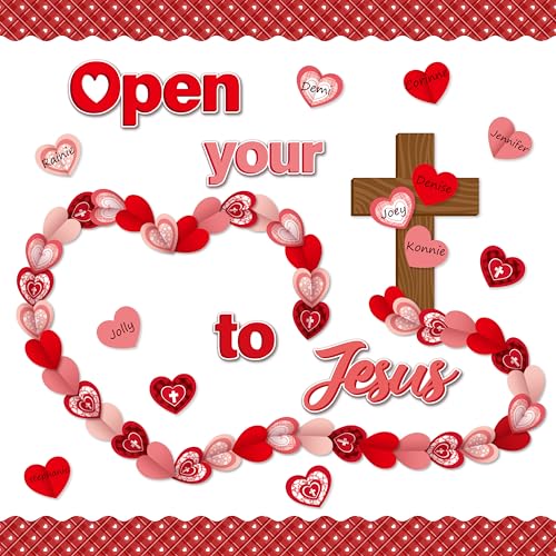 CY2SIDE 99pcs Open Your Heart to Jesus Cutouts for Bulletin Board Set Easter Red Heart Foldable Cross Name Tags Christian Sunday School Church Theme Trim Border Religious Classroom Activities Project - style: Valentine Jesus