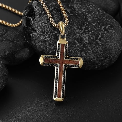 Wooden Cross Necklace for Men With Stainless steel And Black Ebony Adjustable Box Chain 24–26 inches Suitable for Everyday Wear And Christian Gifts for Men - color: Gold-C