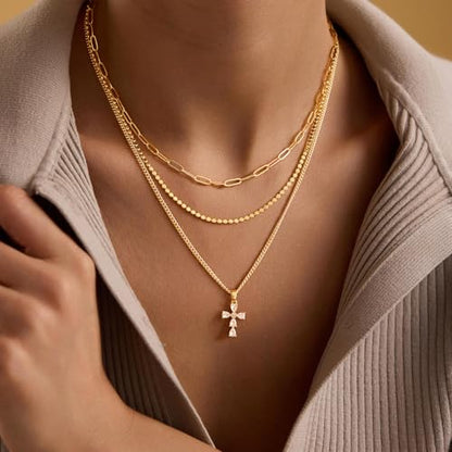 Cross Necklace for Women, Dainty 14K Gold Plated Cross Pendant Simple Long Necklaces for Women, Christian Faith Necklace Trendy Gold Jewelry Gifts for Easter - color: 3 layer zircon cross necklace