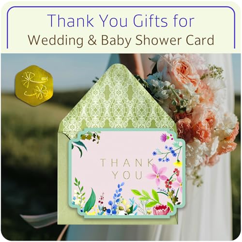 ukee's Floral Thank You Cards, Die-Cut Gold Foil, 100 Cards with Envelopes