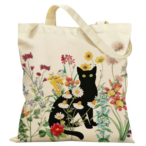 Canvas Tote Bags Reusable Shopping Bag for Women with Zippered Inner Pocket Magnetic Snap Closure - color: Black Cat 4
