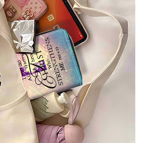 Women's Christian Cross Bible Verse Phil 4:13 Print PU Leather Zipper Wallet, Compact, Slim, Large Capacity, 8 Card Slots, Purple - color: Christian Cross Bible Verse Phil 4:13