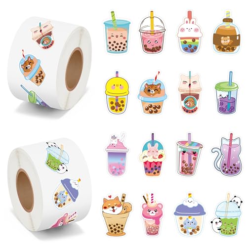 BeYumi Bubble Tea Sticker Roll - 1000Pcs Boba Stickers in 2 Rolls Waterproof Vinyl Drinks Theme Cute Kawaii Bubble Tea Decals Gift Laptop Bottle Scrapbooking Luggage Computer Envelope Decor for Kids - style: Bubble Tea