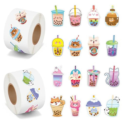 BeYumi Bubble Tea Sticker Roll - 1000Pcs Boba Stickers in 2 Rolls Waterproof Vinyl Drinks Theme Cute Kawaii Bubble Tea Decals Gift Laptop Bottle Scrapbooking Luggage Computer Envelope Decor for Kids - style: Bubble Tea