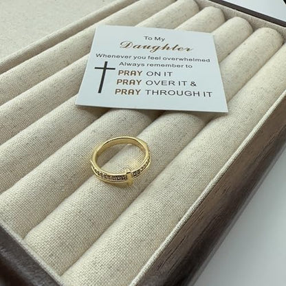 Cross Rings for Women, Let Go And Let God Ring, To My Daughter, Pray On It Golden Cross Ring, Stackable Cubic Zirconia Cross Ring Eternity Promise Ring for Her Wedding Band Ring Jewelry - size: 11#