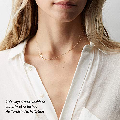 M MOOHAM Cross Necklace for Women Girls, Dainty 14K Gold Plated Cross Pendant Necklace Sideways Cross Choker Layered Necklaces for Women Girls - color: Sideways Cross Gold