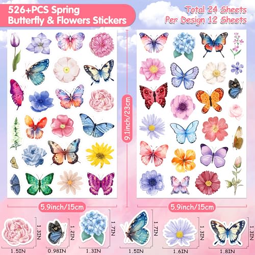 LINAYE 24 Sheets Butterfly Flower Stickers for Kids Adults, Spring Butterfly Flower Decorative Stickers Bulk for Crafts Envelops Scrapbooking, Butterfly Party Favors Supplies for Kids Classroom - style: Butterfly & Flower 24 Sheets