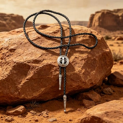 Fashionable Cross Bolo Tie Multi-Color Cross Shield Necktie - color: Retro Silver-style 3