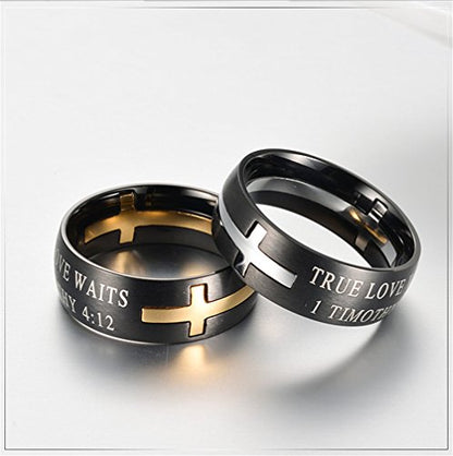 Men's Stainless Steel 8MM Bible Verse Christian Purity Cross Ring Band 1 Timothy 4:12 - color: Black Silver