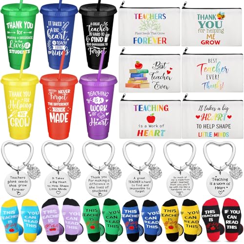 Funnymoom 24 Pcs Teacher Appreciation Gift from Students 2026 End of Year Thank You Gifts Bulk 24 oz Plastic Tumbler Cup Makeup Cosmetic Bag Crew Sock Keychain for Retirement - style: Vibrant