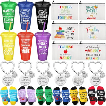 Funnymoom 24 Pcs Teacher Appreciation Gift from Students 2026 End of Year Thank You Gifts Bulk 24 oz Plastic Tumbler Cup Makeup Cosmetic Bag Crew Sock Keychain for Retirement - style: Vibrant